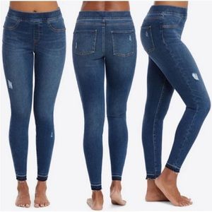 NEW! SPANX Distressed Skinny Jeans Raw Hem High Waist Stretch Denim Blue Small